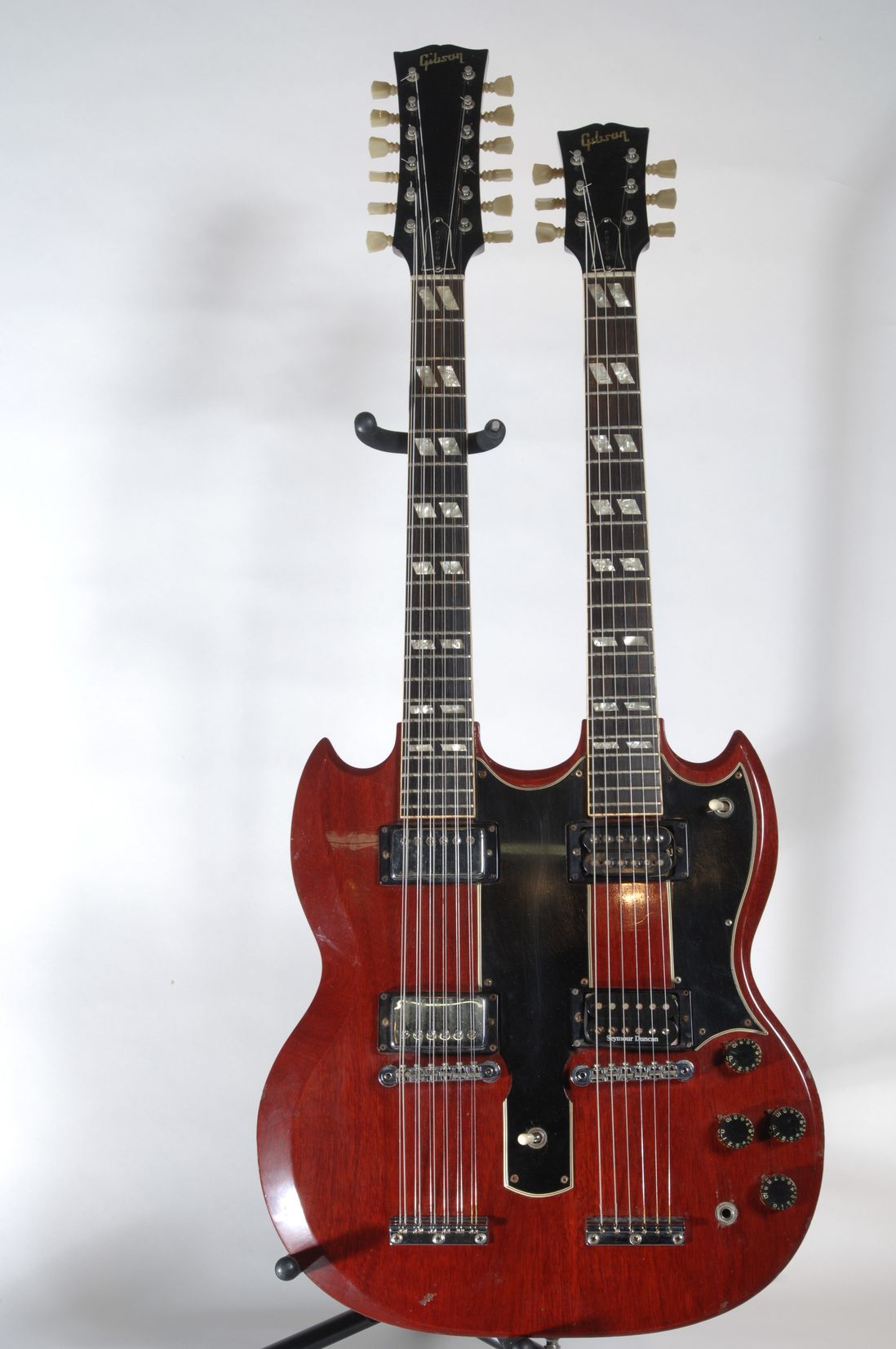 Jimmy Page's Gibson
EDS-1275 Double neck, which he used to play the acoustic and electric parts of the song “Stairway to Heaven” without needing to change instruments.  It was also used on “The Rain Song,” “Celebration Day,” and “The Song Remains the Same."